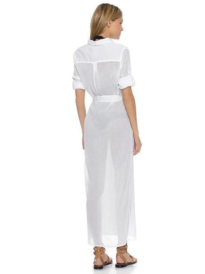 Chiffon Shirt Collar Button Front Bandage Maxi Dress Cover-Ups