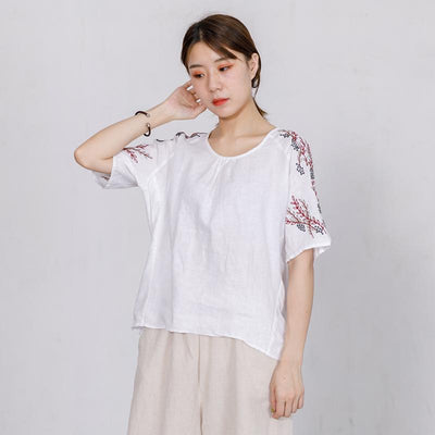 High Low Hem Embroidered Plants Loose T-Shirt