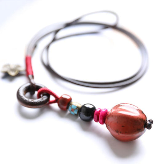 Retro Vintage Ceramic Red Pendant Ethnic Necklace For Women