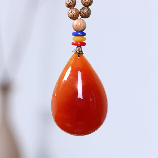 Women Wooden Beads Retro Beeswax Pendant Necklace