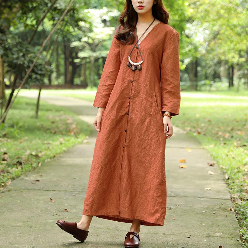 Women Spring Autumn V Neck Long Sleeve Orange Dress