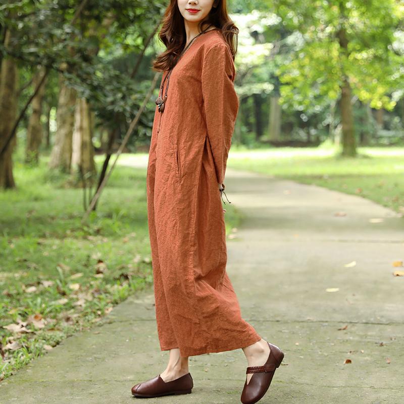 Women Spring Autumn V Neck Long Sleeve Orange Dress