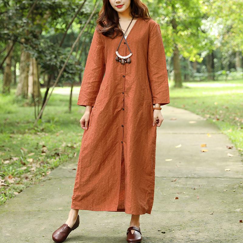 Women Spring Autumn V Neck Long Sleeve Orange Dress