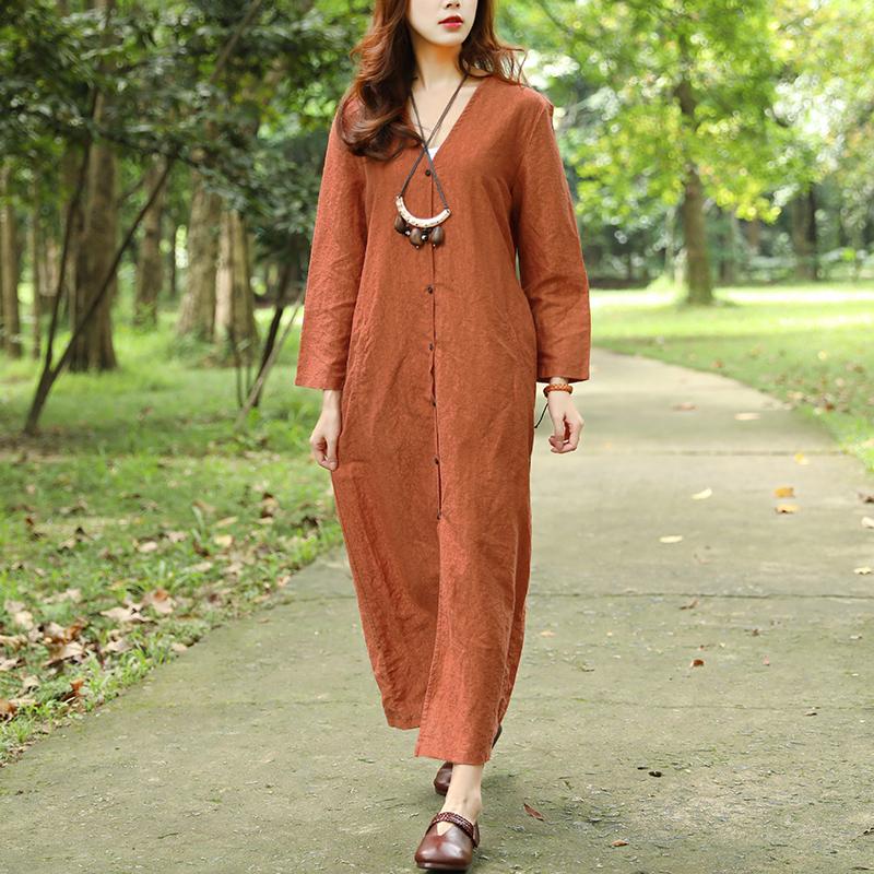 Women Spring Autumn V Neck Long Sleeve Orange Dress