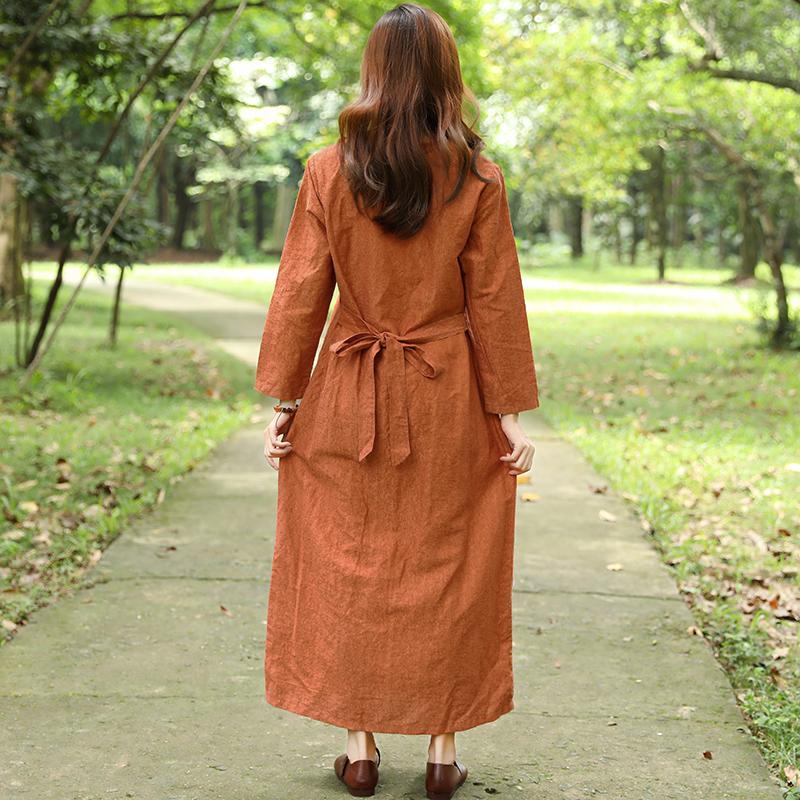 Women Spring Autumn V Neck Long Sleeve Orange Dress