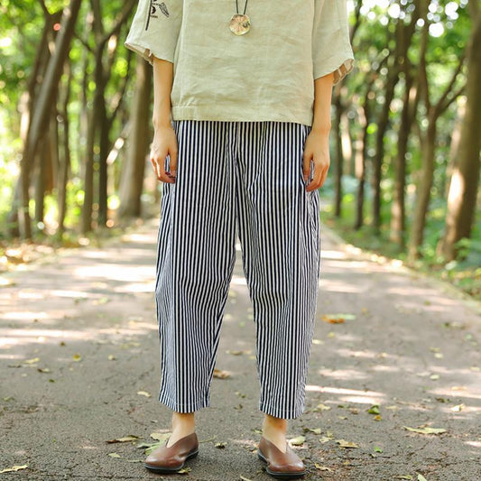 Women Pockets Blue And White Stripe Casual Loose Pants