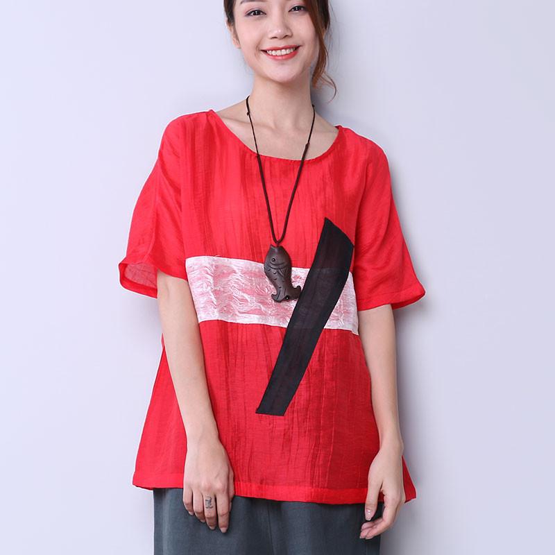 Linen Women Loose Splicing Casual T Shirt