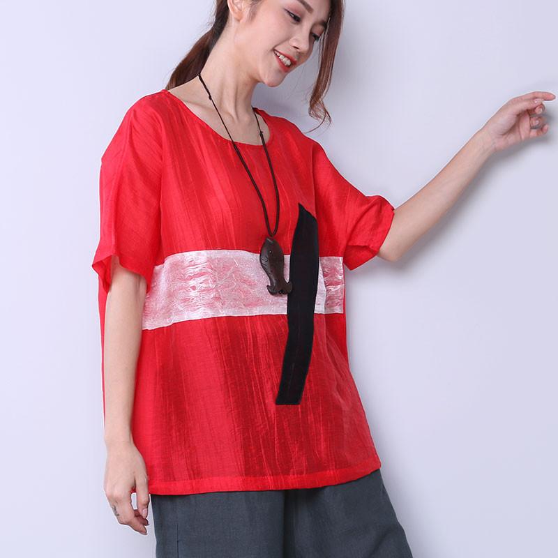 Linen Women Loose Splicing Casual T Shirt