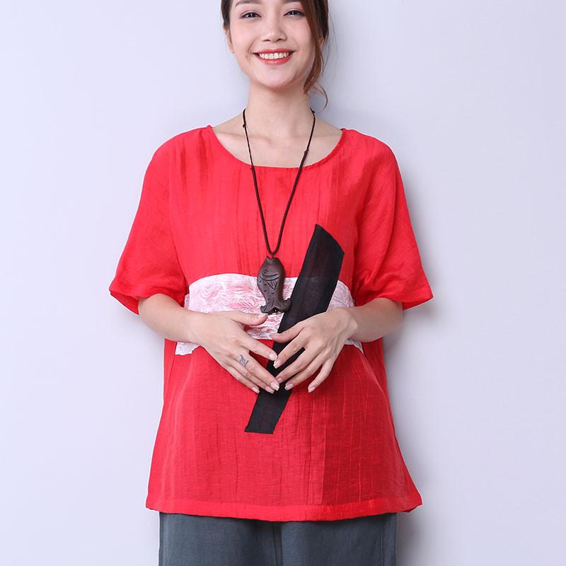 Linen Women Loose Splicing Casual T Shirt