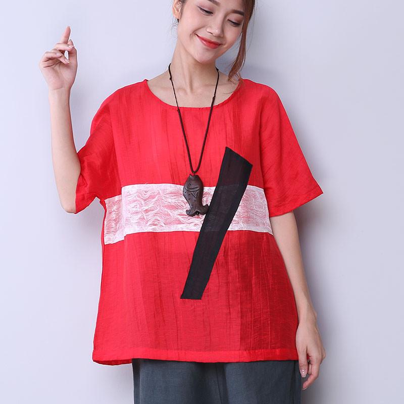 Linen Women Loose Splicing Casual T Shirt