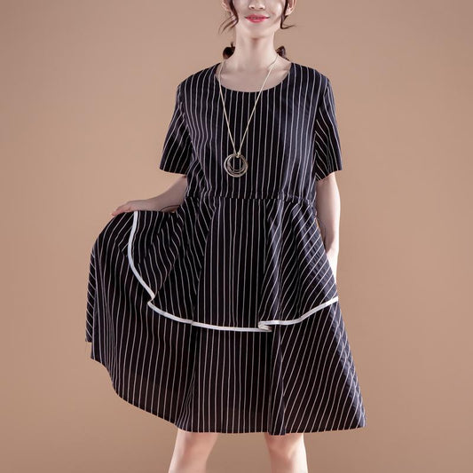 Stripe Short Sleeve Round Neck Drawstring Black Dress