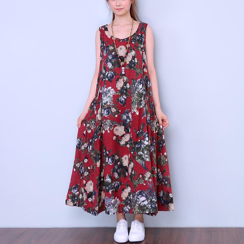 Printing Sleeveless Vintage Casual Red Dress