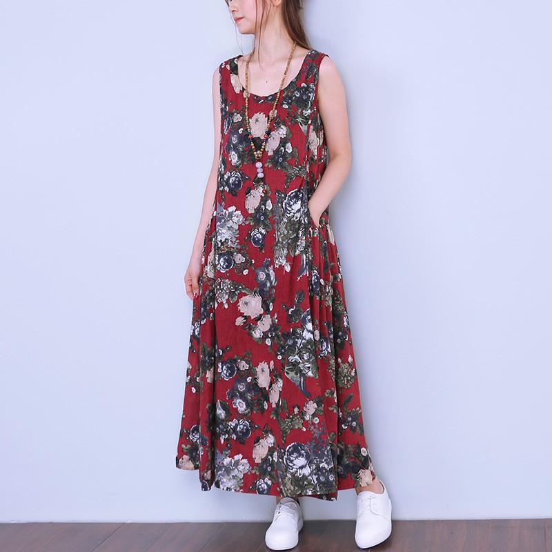 Printing Sleeveless Vintage Casual Red Dress