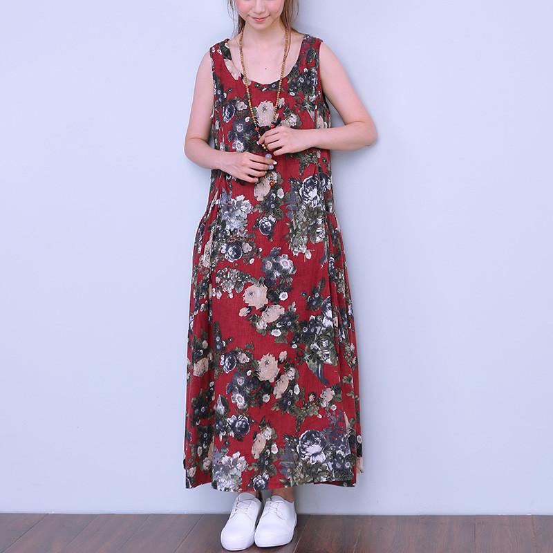 Printing Sleeveless Vintage Casual Red Dress