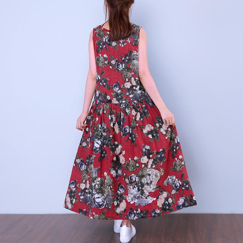 Printing Sleeveless Vintage Casual Red Dress