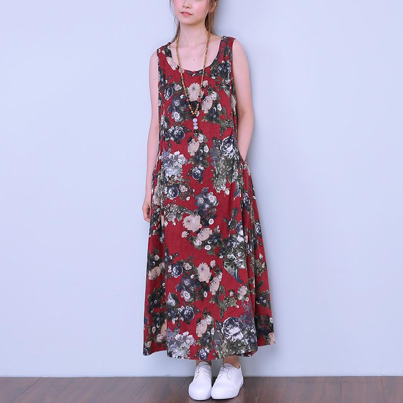 Printing Sleeveless Vintage Casual Red Dress