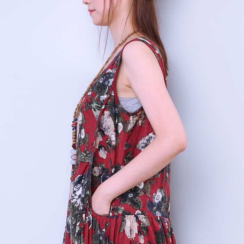 Printing Sleeveless Vintage Casual Red Dress