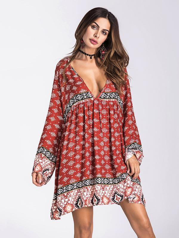 Bohemia Floral-printed V-neck Mini Dress