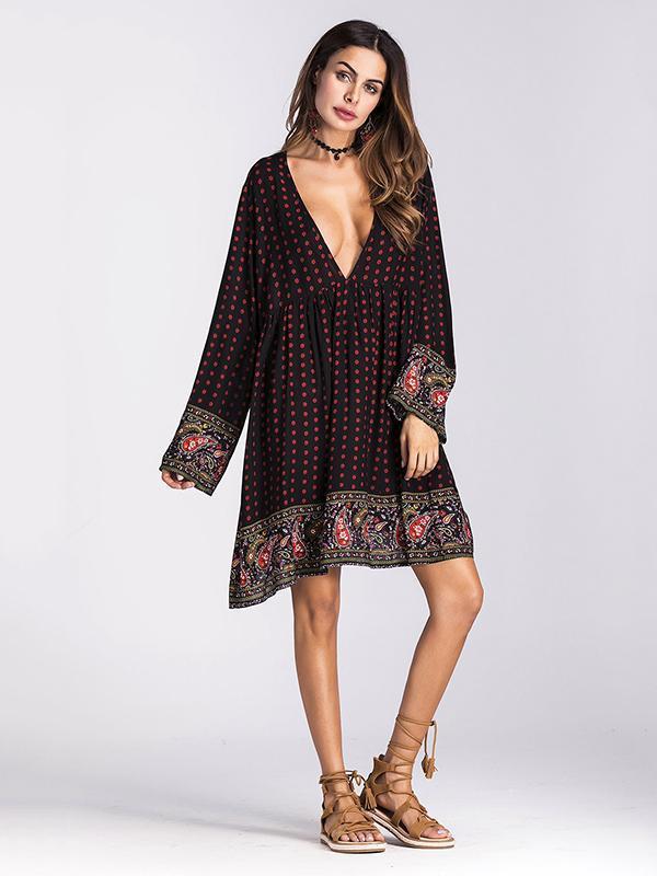 Bohemia Floral-printed V-neck Mini Dress