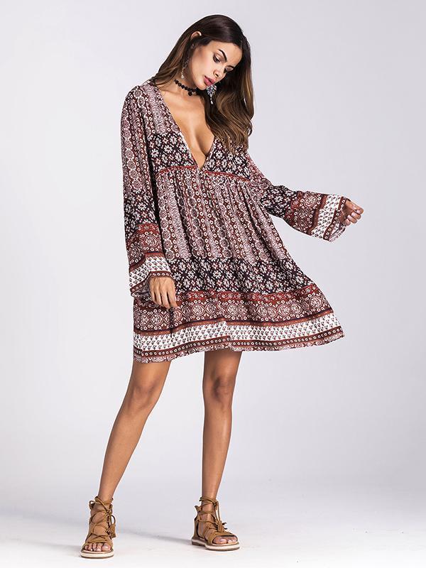 Bohemia Floral-printed V-neck Mini Dress