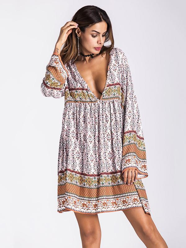 Bohemia Floral-printed V-neck Mini Dress