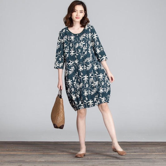 Spring Embroidered Round Neck Women Green Dress