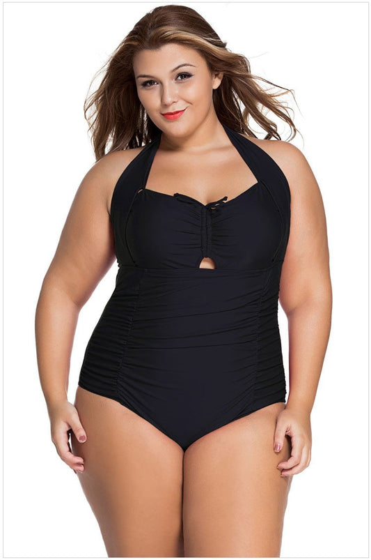 Hanging neck sexy gathered XL one-piece swimsuit