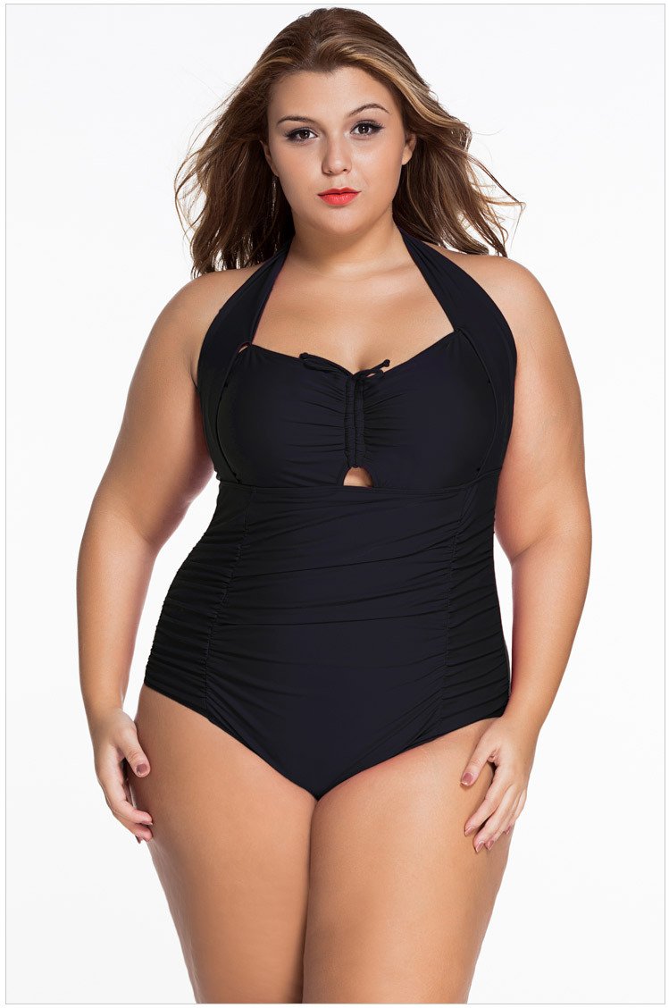 Hanging neck sexy gathered XL one-piece swimsuit