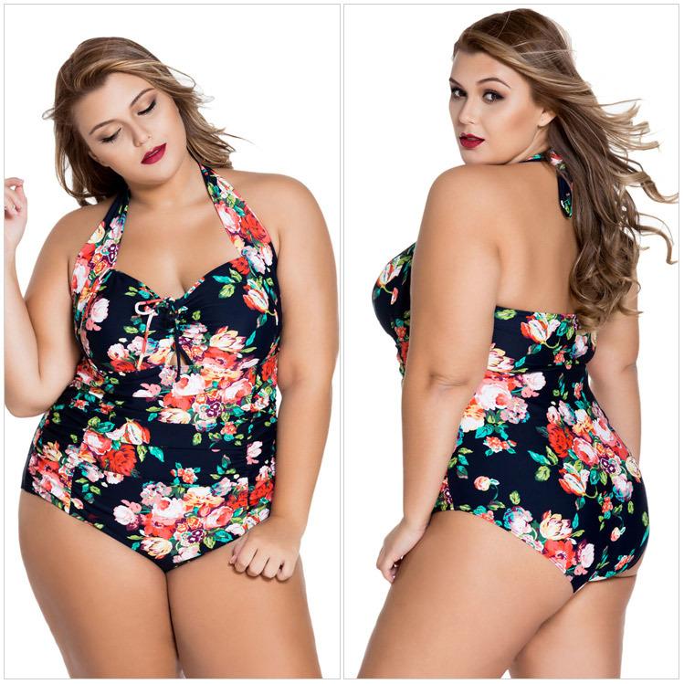 Hanging neck sexy gathered XL one-piece swimsuit