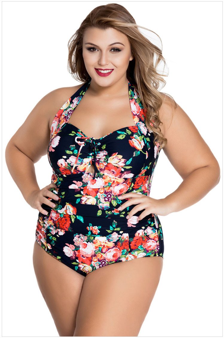 Hanging neck sexy gathered XL one-piece swimsuit