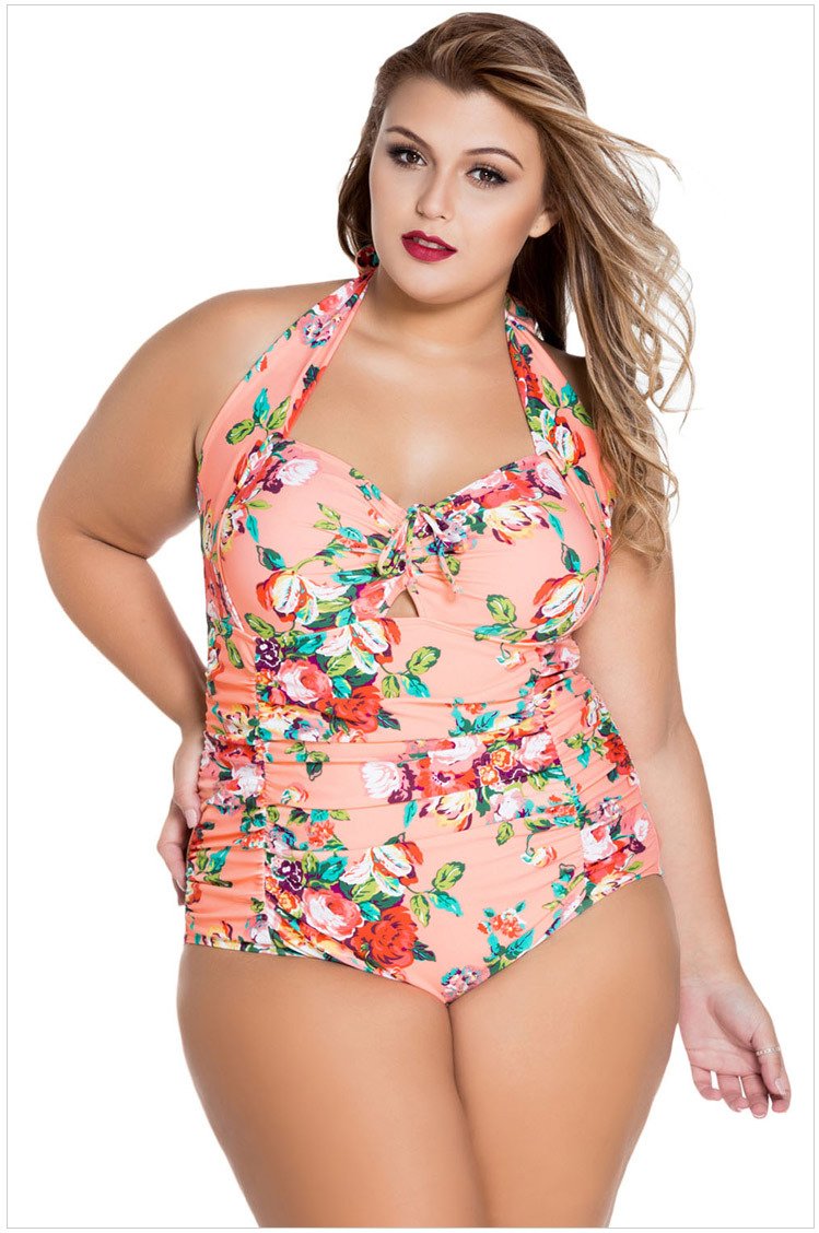 Hanging neck sexy gathered XL one-piece swimsuit