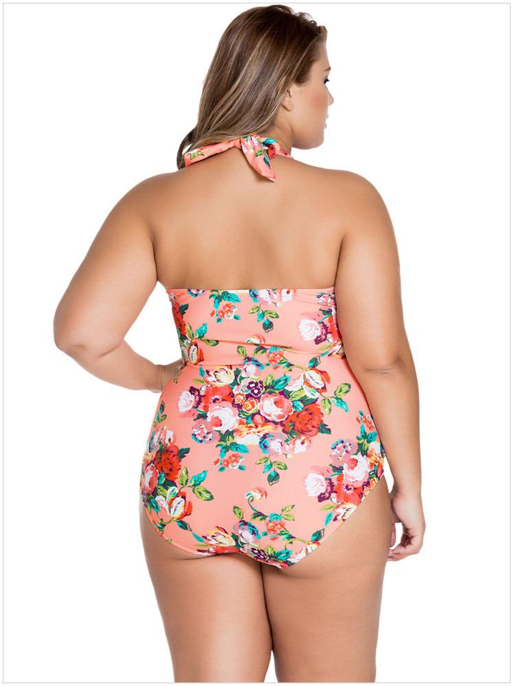 Hanging neck sexy gathered XL one-piece swimsuit