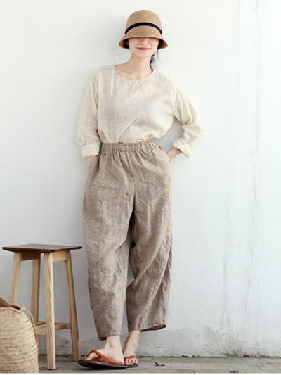 VINTAGE SOLID LINEN ELASTIC WAIST PANTS