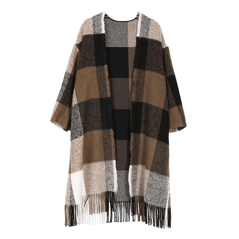 Plus Size Plaid Tassel Cloak Casual Loose Coat