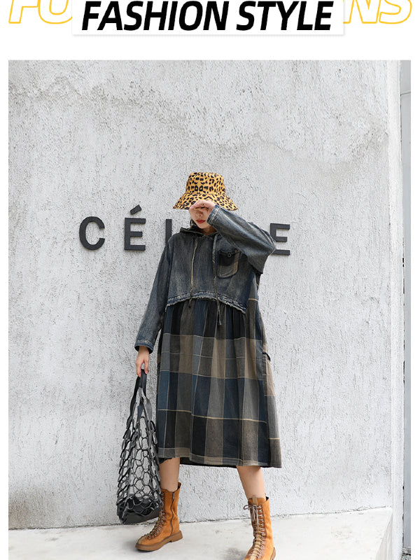 VINTAGE PLAID SPLIT-JOINT HOODIE MIDI DRESS