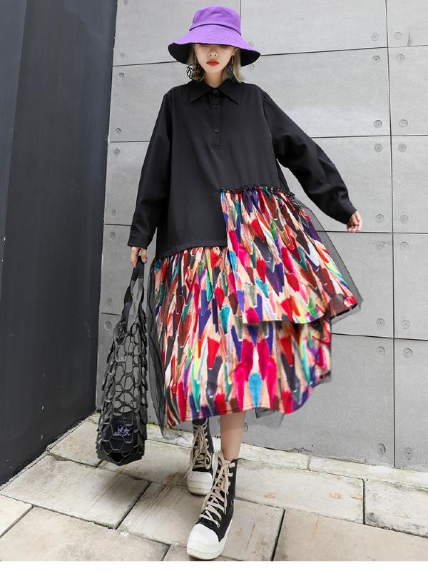 Colorful Printed Cropped Split-joint Midi Dress