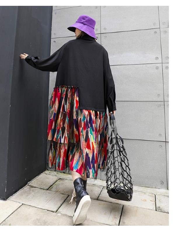 Colorful Printed Cropped Split-joint Midi Dress