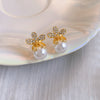 Flower Rhinestone Pearl 925 Silver Needle Earrings