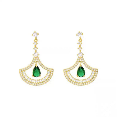 S925 silver needle green water drop full diamond fashion fan earrings