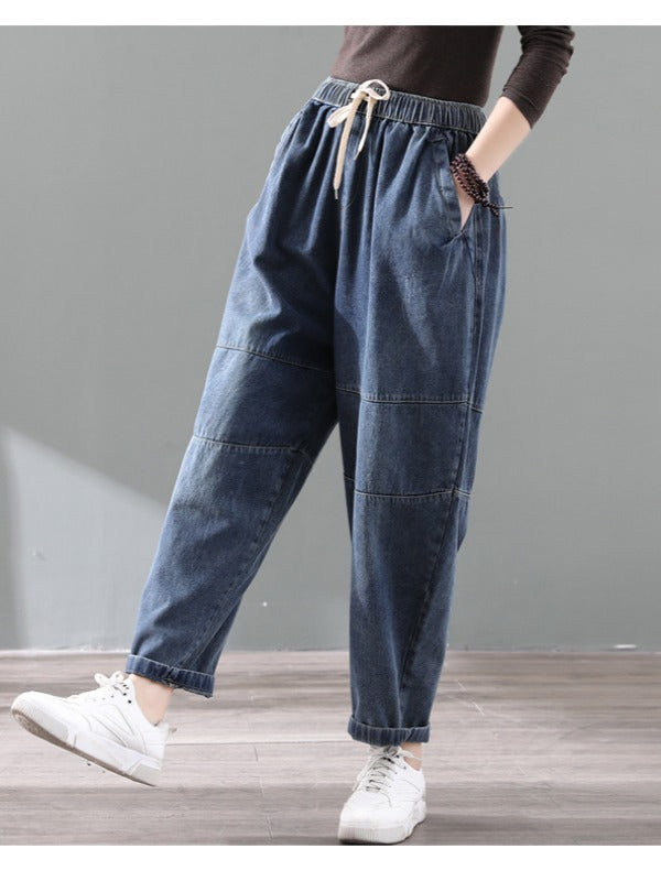 Vintage Splicing Elastic Waist Jean Harem Pants