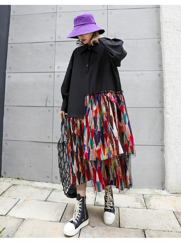 Colorful Printed Cropped Split-joint Midi Dress