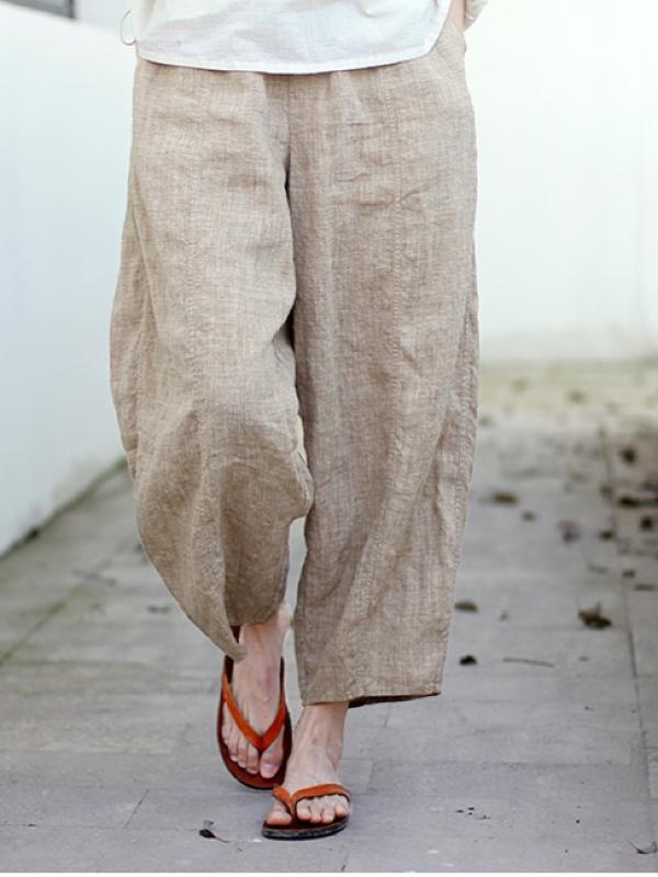 VINTAGE SOLID LINEN ELASTIC WAIST PANTS