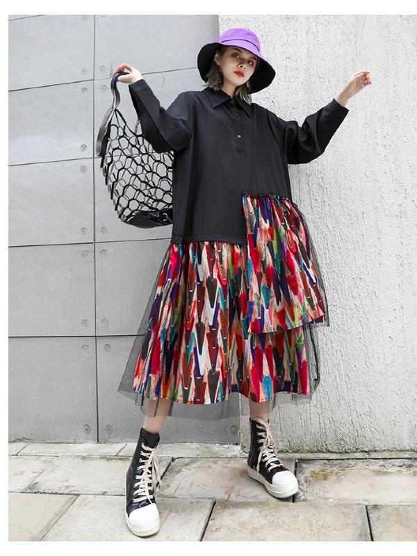 Colorful Printed Cropped Split-joint Midi Dress