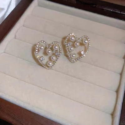 S925 silver needle minority irregular full diamond pearl love earrings