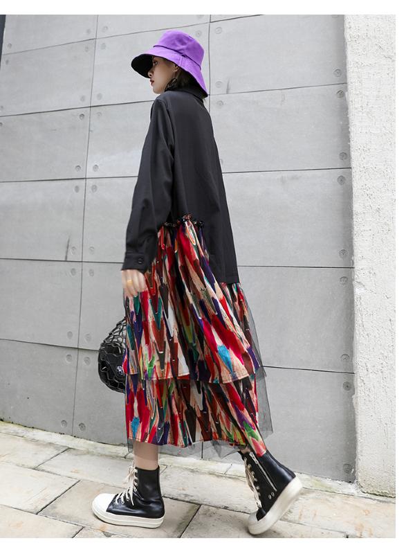 Colorful Printed Cropped Split-joint Midi Dress