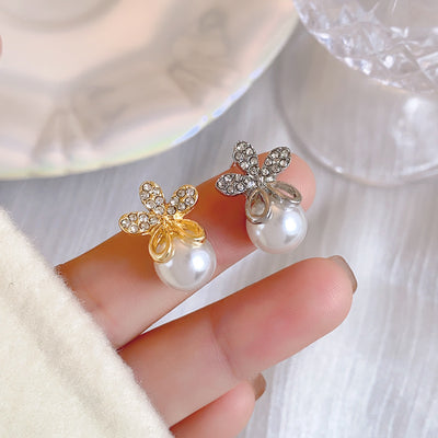 Flower Rhinestone Pearl 925 Silver Needle Earrings