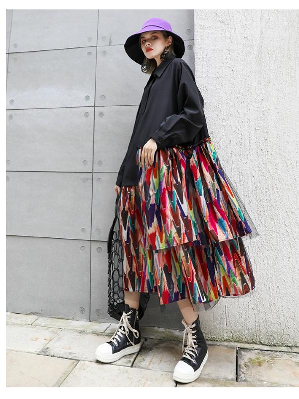 Colorful Printed Cropped Split-joint Midi Dress