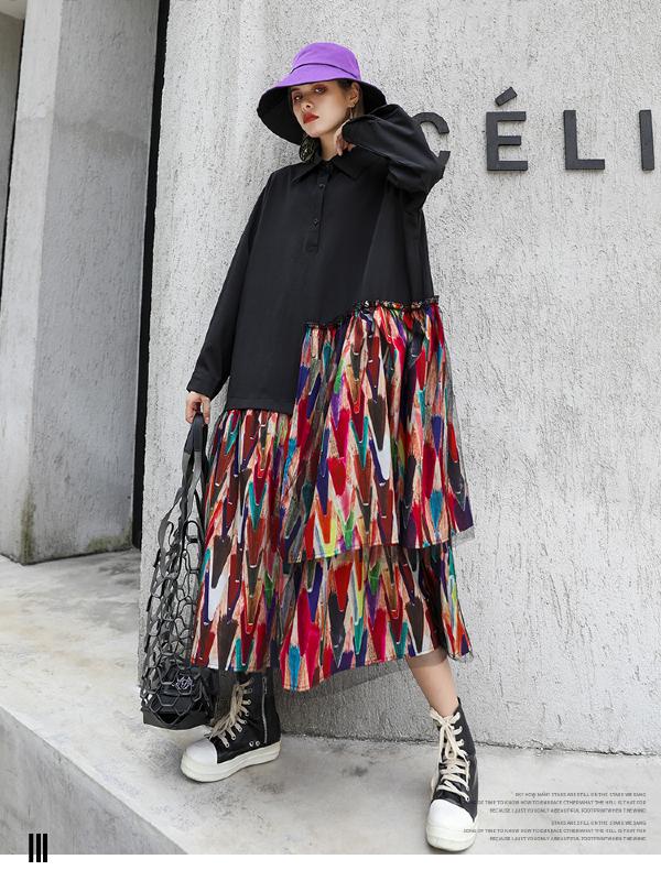 Colorful Printed Cropped Split-joint Midi Dress