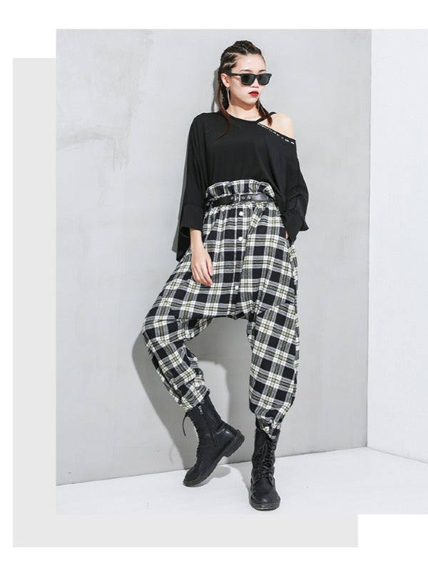 Loose Empire Plaid Splicing Casual Harem Pants