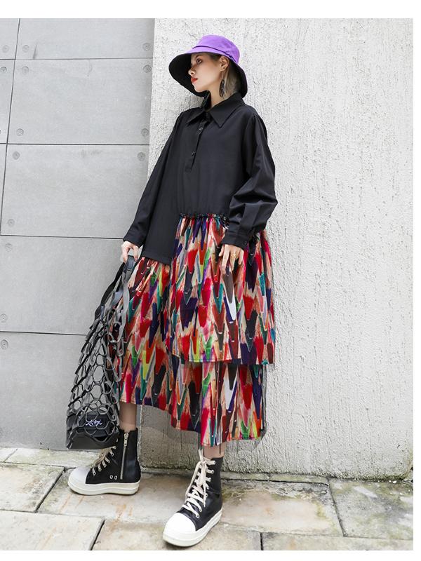 Colorful Printed Cropped Split-joint Midi Dress